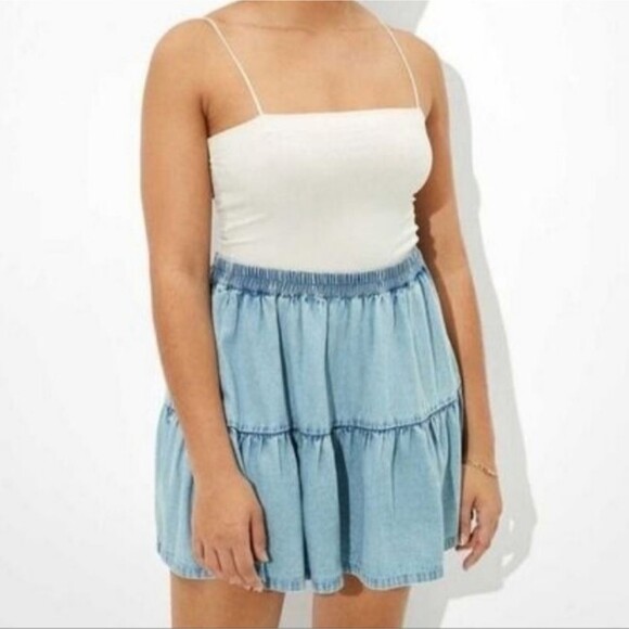 AMERICAN EAGLE Faux Denim Cotton Tiered Ruffle Mini Skirt Small - Picture 1 of 5